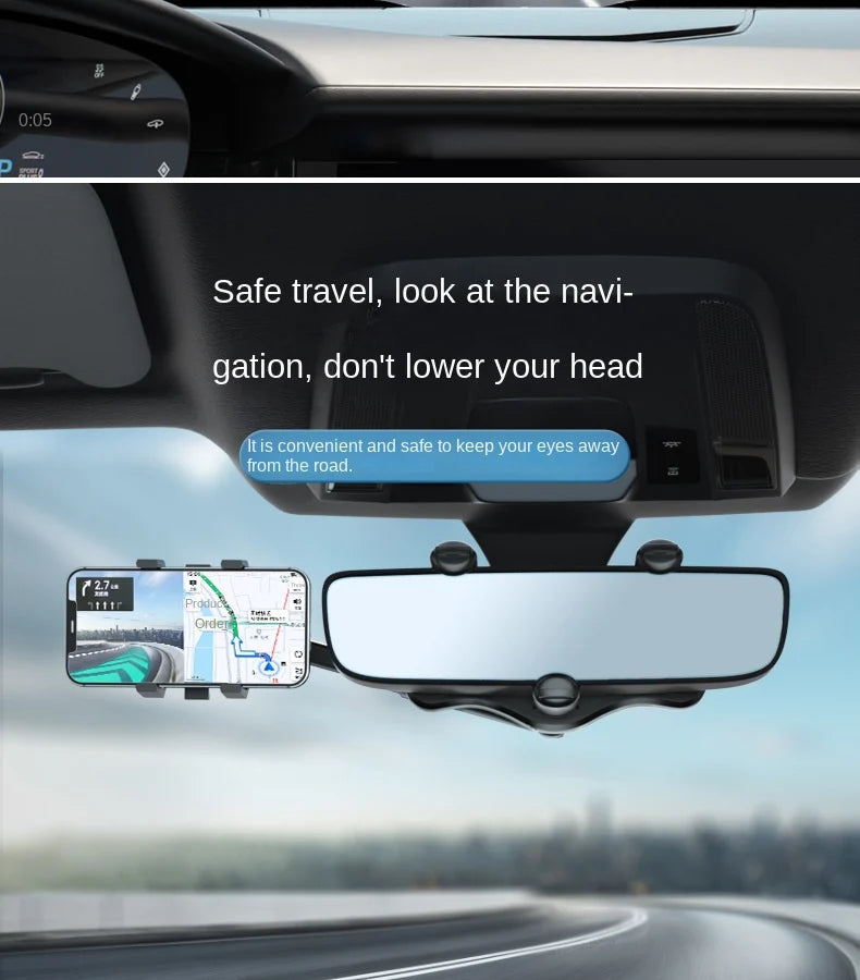 360° Car Rearview Mirror Phone Holder for Car Mount Phone and GPS Holder Support Rotating Adjustable Telescopic Phone Stand